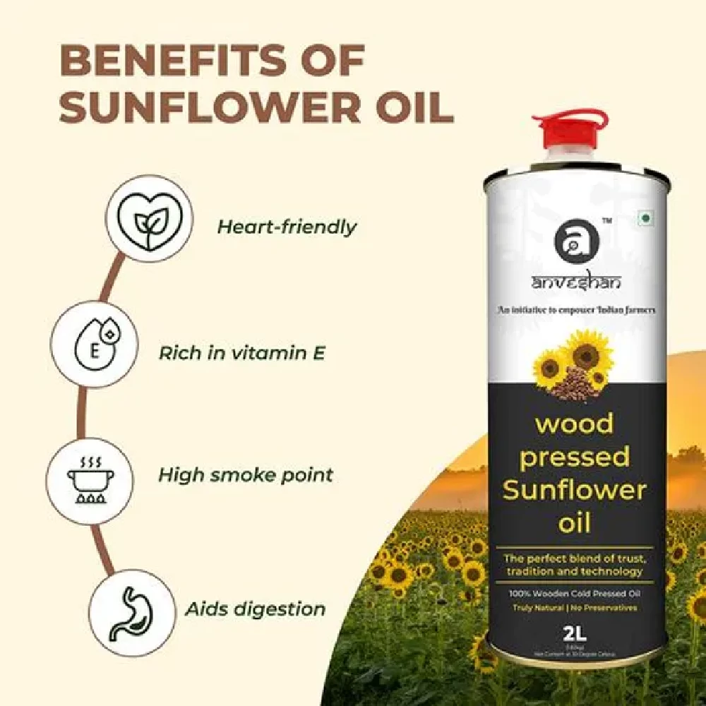 Anveshan Wood Cold Pressed Sunflower Cooking Oil - Heart-Healthy Good Fats, 2 L-5.webp